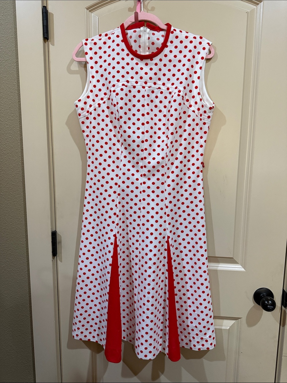 Sleeveless White Midi Dress with Red Polka Dots